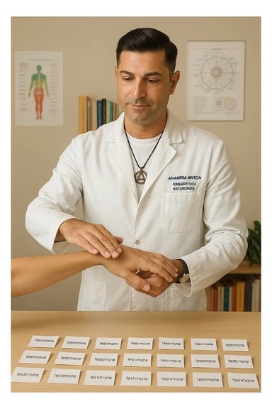 a middle-aged man in a calm, well-lit studio, wearing casual professional attire, performs a classic muscle test on a client’s outstretched arm. On a nearby table, there are small envelopes or vials labeled “testimone” representing samples or objects connected to a distant person. The atmosphere is focused and serene, with books and charts about kinesiological techniques in the background. sticker