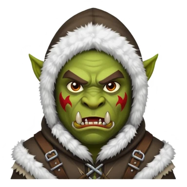 Fantasy Christmas orc raider icon, winter bandit style, fur hood, aggressive cunning expression, snowy action mood, clean emoji portrait style, male/female variant
 sticker