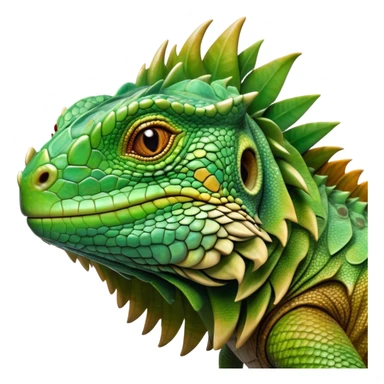 Cinematic Realistic Noble Iguana Portrait Emoji, Poised and commanding, with a robust, elongated body covered in intricately detailed, rough scales in vibrant shades of green with earthy brown accents, and a sharply defined head with piercing amber eyes, rendered with lifelike texture and natural light that accentuates every scale, high shine, intelligent and formidable, styled with an air of tropical authority, focused and attentive, soft glowing outline, capturing the essence of a watchful and confident iguana that appears ready to bask in the sun with effortless grace! sticker
