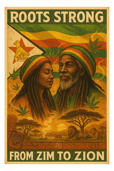 Design a powerful digital illustration in vintage poster style featuring a proud Zimbabwean Rasta man and woman with long dreadlocks and a knitted red, gold, and green tam. The background should blend the iconic Zimbabwe flag with textured detail — the red star, bird emblem, and bold stripes clearly visible but stylized with artistic flair. Add rich African earth tones, golden sunlight, and natural scenery like acacia trees, lions, or smoke from a healing herb circle. The Rasta should have a wise, peaceful expression — eyes full of ancient memory and inner fire. Incorporate ganja leaves subtly in the design, maybe flowing with the wind or circling the character like aura energy. Accent with traditional Shona patterns or mbira (thumb piano) motifs. Let the message reflect strength, unity, and ancestral healing. Optional text: “Roots Strong from Zim to Zion” or “Mash up Babylon from Harare to di hills.” sticker