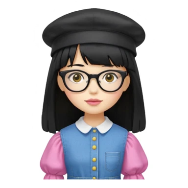 A yellow-skinned girl with long straight black hair, flat bangs, black frame glasses, a white puffy sleeve doll shirt, blue jeans and pink shoes, and a black painter's hat，no yellow spikes. sticker