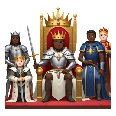 Un rey sentado en su trono con un enemigo arrodillado frente a él, recibiendo un título y una espada en señal de confianza. El enemigo, antes derrotado, ahora jura lealtad. En el fondo, los amigos del rey lo observan con desconfianza, incómodos con la situación. sticker