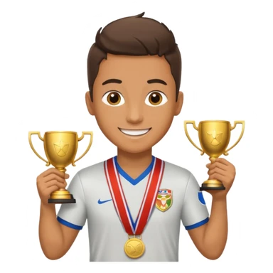 happy soccer player with a first-place medal and a trophy sticker