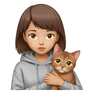 a asian girl with short brown hair and bangs holding an Abyssinian cat， wearing grey hoodie sticker