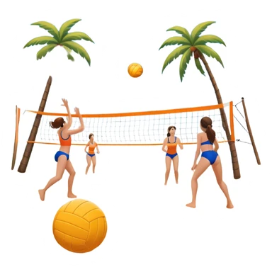 A volleyball resting on the orange sand of a beach, with a volleyball net in the background. The scene includes a beautiful beach landscape with blue sea, sky, and palm trees, while a couple of women in swimsuits play in the distance, capturing the relaxed yet competitive vibe of beach volleyball. sticker