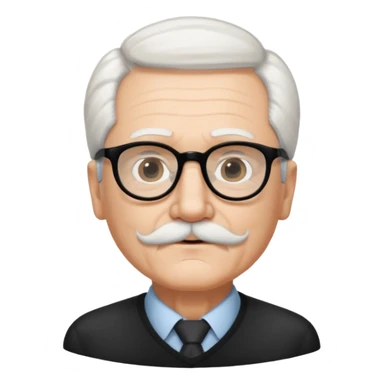 An elderly man with neatly combed white hair swept back, giving a tidy and classic look, and wears black rectangular glasses. His face is oval-shaped with  a small white mustache above his lips.d. sticker