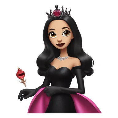 low cut back silk black evening gown with see-through gloves, Jenna Ortega as Addams woman prom queen wearing a mini tiara, very large blood  pink evil-looking horned old dragon companion sticker