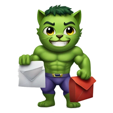Superhero hulk cat, smiling and holding a mailbox sticker