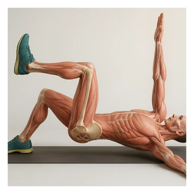 Edit the image of a man in dead bug position, side view, hyperrealistic anatomical 4K version: the arm on the ground is fully extended above the head, pelvis and spine bones visible, translucent muscles and skin, medical atmosphere, realistic anatomical details. Variant 5, slightly change the position of the torso. sticker