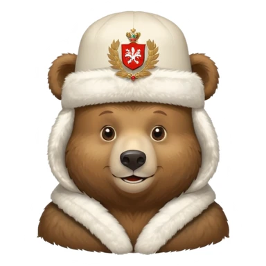 Russian brown bear wearing a white furry ushanka hat with Russian coat of arms emblem in the center, front view, iOS emoji style sticker
