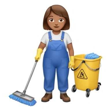 old and fat women, brown hair, Custodian with yellow rubber gloves, white T-shirt, blue overalls, mopping floor sticker