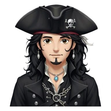 A charismatic pirate with wavy black hair tousled. His black tricorn hat, embroidered with silver. Dark eyes glint with mischief as he gazes to the side, a knowing smile on his lips. His fitted black coat, adorned with silver buttons. A silver chain dangles from his belt sticker