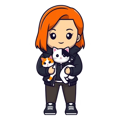 Light-skinned girl with brown straight hair wearing a black jacket, holding one pure white cat and one calico cat with orange black patches sticker
