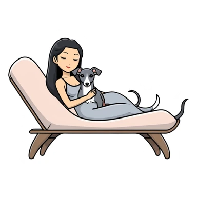 Very thin Chinese woman with long black hair relaxing on a spa lounger with exactly ONE Italian greyhound. CRITICAL REQUIREMENT: the dog must be ONE SOLID VERY DARK CHARCOAL GREY (almost black-grey) COLOR from nose to tail with NO WHITE or LIGHT AREAS anywhere - NO white face, NO white muzzle, NO white chest, NO white paws, NO white tail tip - NOTHING BUT A SINGLE SHADE OF VERY DARK GREY throughout the entire animal sticker