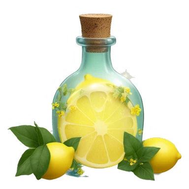 Lemon magic fairy light sparkling old Antique bottle with poison and with herbal and flowers sticker