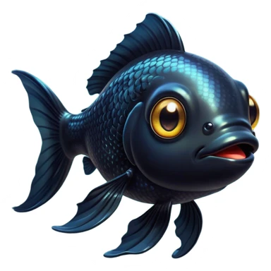 Cinematic Cute Black Goldfish Portrait Emoji, Head tilted playfully and inquisitively, featuring a glossy, deep black body with shimmering scales and round, sparkling golden eyes filled with curiosity, Simplified yet irresistibly adorable features, highly detailed, glowing with a warm, friendly glow, high shine, affectionate and lively, stylized with a touch of whimsy, bright and endearing, soft glowing outline, capturing the essence of a mischievous yet loving goldfish, so playful it feels like it could swim out of the screen and into your heart! sticker