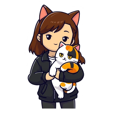 Light-skinned girl with brown straight hair wearing a black jacket, with one pure white cat with yellow eyes and one calico cat with orange black and white patches sticker