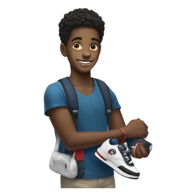 Black kid holding FILA sneakers while smiling sticker