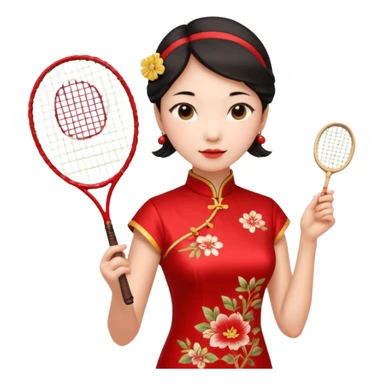 ancient cheongsam girl with 1 badminton racket, red sticker