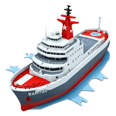 Realistic 3D icon of icebreaker "Kapitan Krutov" (grey hull, red star, white superstructure, "РОСМОРПОРТ" lettering). Soft winter lighting, 3/4 aerial view. Fractured blue ice, white background. High detail, photorealistic GSON style. sticker