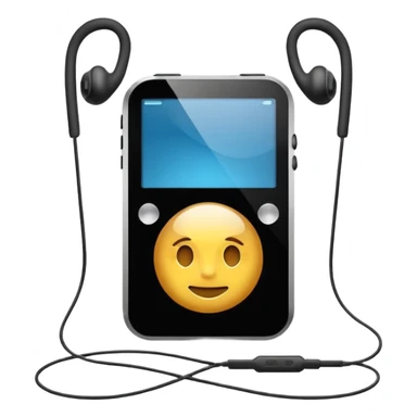 Futuristic iPod emoji with earphones, metallic black and white, smooth reflective surfaces, flat minimal vector design, clean UI style sticker