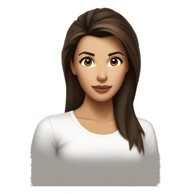 3/4 face, contrasted, shadow, light, Eva Longoria expression, relaxed, thin nose, brunette woman, hazel eyes, long eyelashes, dark shoulder shaded hair, white t-shirt sticker