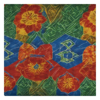 vibrant batik lungi with bold floral and geometric patterns in red, blue, yellow, and green, draped naturally as if being worn, showcasing its texture and elegance. sticker