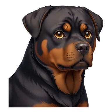 Cinematic Noble Rottweiler Portrait Emoji, Poised and regal, with a powerful, muscular build and a sleek, well-groomed coat of rich black with tan markings, deep-set soulful brown eyes, Simplified yet sharp and sophisticated features, highly detailed, glowing with a soft, dignified glow, high shine, intelligent and commanding, stylized with an air of authority, focused and attentive, soft glowing outline, capturing the essence of a watchful and fearless guardian, so majestic it feels as though it could stride out of the screen with effortless authority! sticker