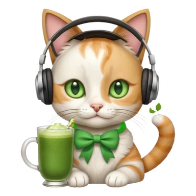 A cat wearing headphones with a glass of matcha, a bow on his ear sticker