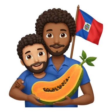 A very happy papaya hugging a medium dark skinned man with dark curly hair with a beard and Dominican flag behind them sticker