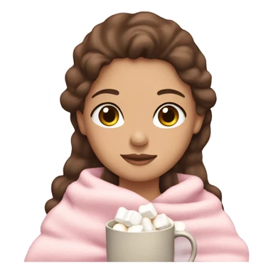 Girl with brown hair and a light pink bow wrapped in a light pink blanket drinking tea with marshmallows sticker