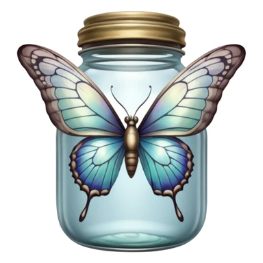A silver butterfly traped in an old jar sticker