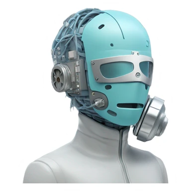 Pastel blue haired cyborg head with silver respirator mask and circuits sticker