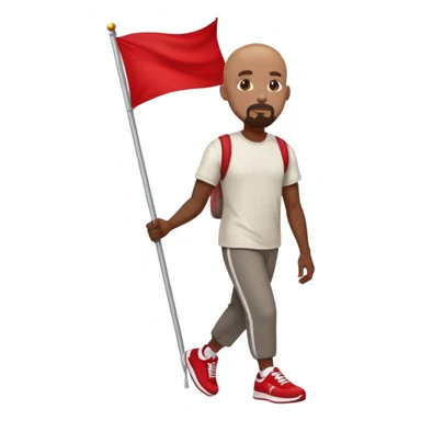 Bald black man with a white goatee in sneakers carrying a red flag sticker