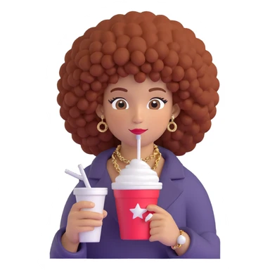 3D emoji of a person with a high curly afro, sparkling 'samu' chain, holding a styrofoam cup and a joint sticker