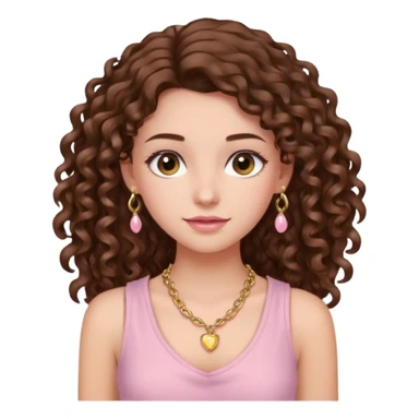 crée moi une jeune fille très belle avec les cheveux bouclés long brune avec un top  sans manche de couleur rose clair avec un peu de maquillage un collier en or sticker