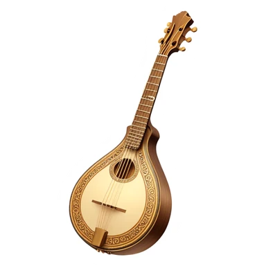 Bouzouki – Cinematic Realistic Bouzouki, depicted as a beautifully crafted Greek string instrument with a long neck and ornate fretwork, its polished wooden body reflecting warm golden light, set on a rustic background with soft shadows that evoke traditional Mediterranean music. sticker
