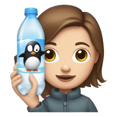 white woman with brown hair holding a baby penguin stuffed animal and a seltzer sticker