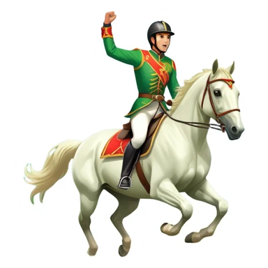 An icon showcasing a majestic horse and rider in full gallop across a lush green field. The background features a clear sky, distant mountains, and a vibrant landscape. The rider wears traditional gear, while the horse leaps with grace and power. Transparent background sticker