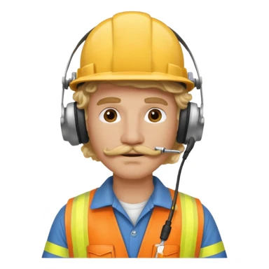 construction worker with blond long curly hair and protective headphones and mustache sticker