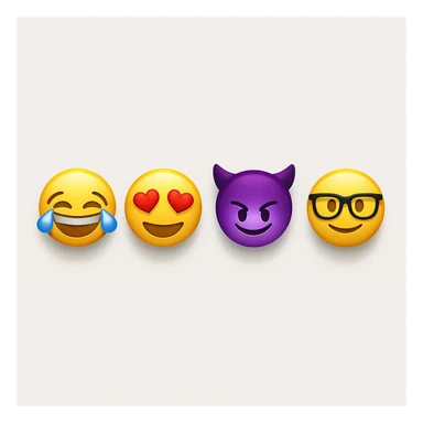 make four emojis on white background with good amount of shadow, four emojis of smiley's only. one laughing, second heart eyes, third purple devil and four black glasses emojis  sticker