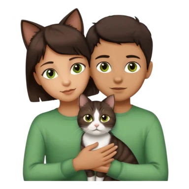 Crea un emoji donde salga un chico de pelo moreno con los ojos claros, una chica de pelo morena con los ojos marrones y UN gato europeo comun de pelaje marron oscuro y ojos verde claro, quiero que se esten abrazando el chico y la chica, y el gato este en el medio de los dos sticker