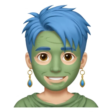 messy green clay mask man with earrings and blue hair sticker