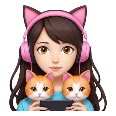gamer girl with long dark brown hair, light skin, big brown eyes, cute, pink headset with cat ears, blushing softly and naturally, beautiful, holding orange cat sticker