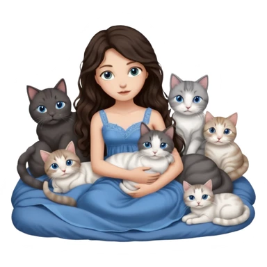 detailed realistic looking a dark grey and white cat regally laying with six other cats, cuddling with their owner in bed who is a pretty bratz lightly tanned white girl with long dark brown hair, blue eyes and gorgeous long wavy hair wearing a pretty detailed dress sticker