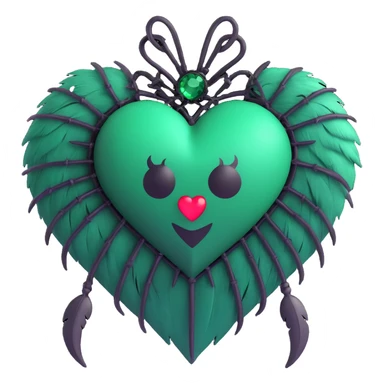 3D emoji gothic heart, emerald green crystal texture, silver spider charm, feather accents, lush and gothic style, misty background sticker