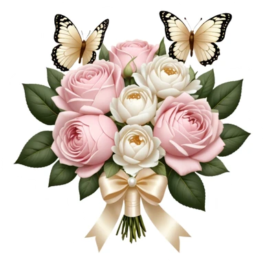 A vintage-inspired wedding bouquet of blush pink roses and fluffy white peonies, tied with an intricate ivory satin ribbon, surrounded by golden filigree accents and soft-focus pearl butterflies fluttering around. sticker