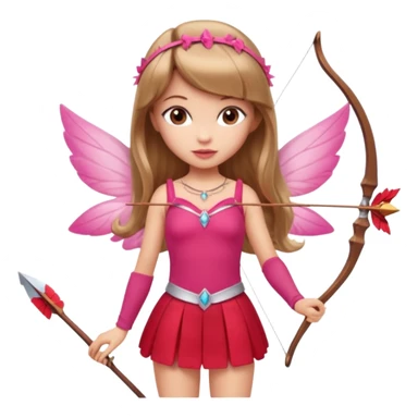 Hada sexy cupido pequeña  de cabello largo lacio castaño claro con flequillo y ojos cafés  vestida de top y falda roja y con arco y flechas cabello lacio labios rosas tipo Barbie pero en hada cupido sticker