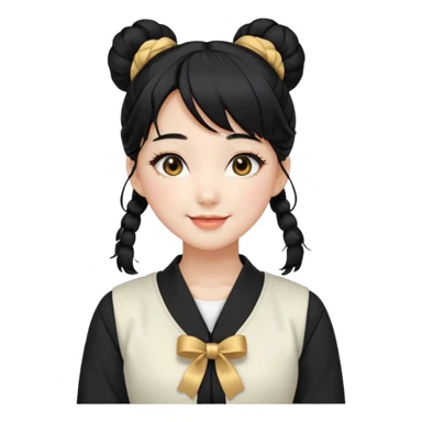 a beautiful girl face, wearing cute korean makeup, black hair, tied into two lowbuns with front bangs, black shirt, white jacket with golden shoulder pads, kpop idol sticker