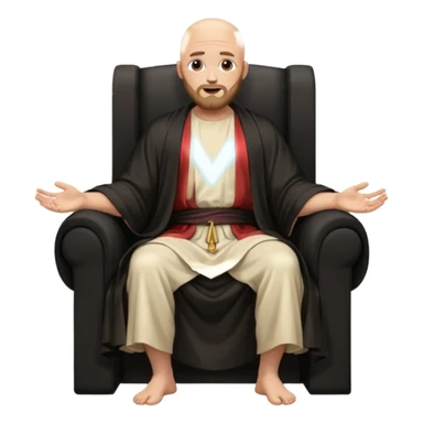 fullbody bald jesus christ jacked, sleeveless and unbuttoned in black robe sitting with elbows on armrests sticker